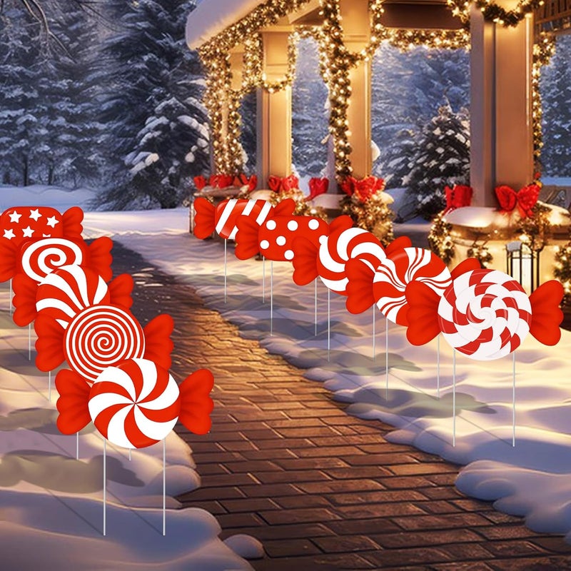 PhyLence 10-Piece Christmas Candy Yard Signs with Stakes Decorations – 10 Assorted Designs 14 Inches Large Peppermint and Lollipop Signs for Outdoor Garden and Lawn Holiday Party Favor - Image 1